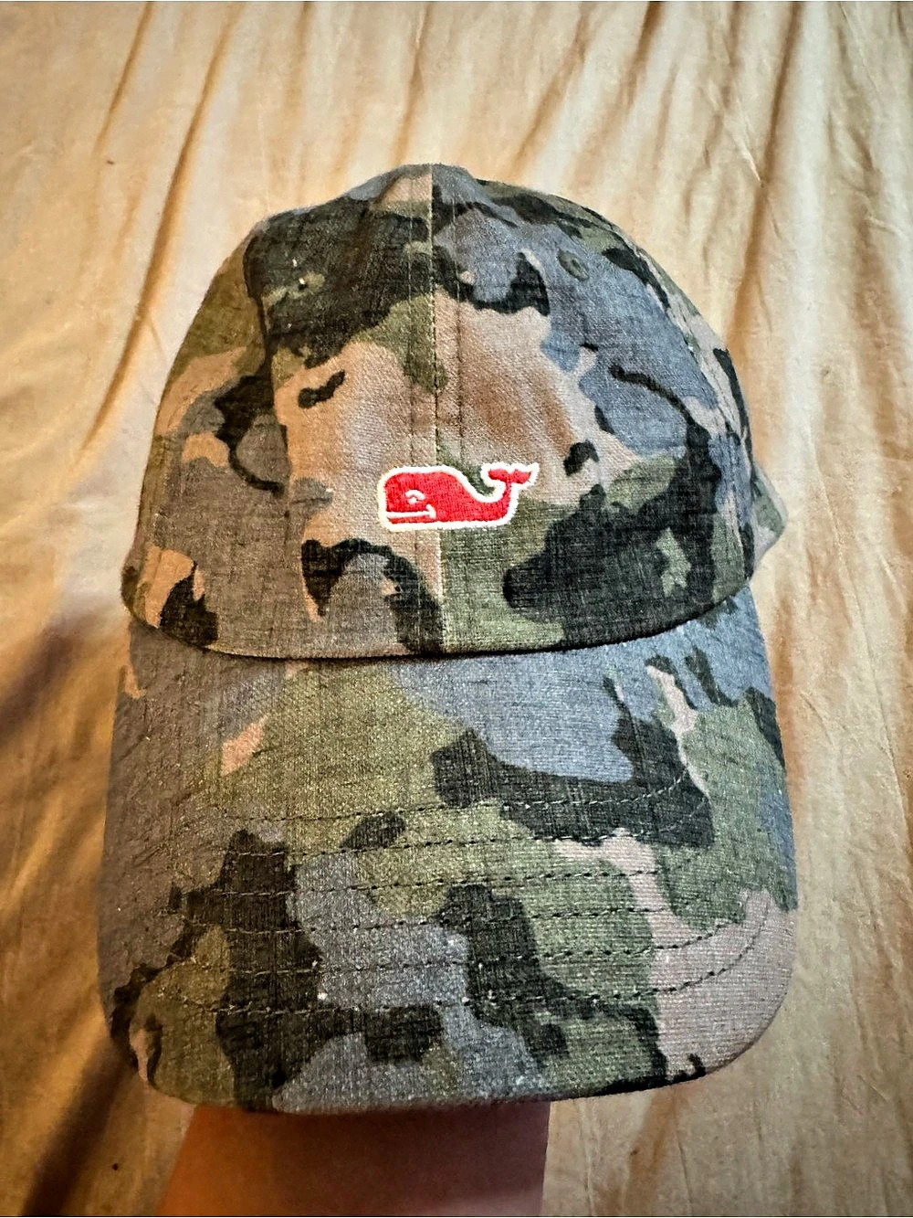 Vineyard Vines Camo Baseball Hat Green, Blue & Brown with Red/Pink Whale